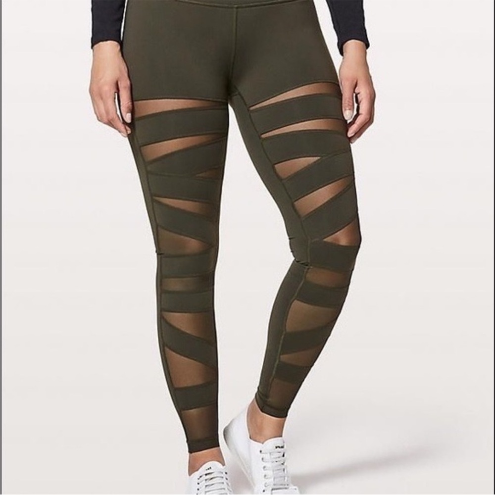 LULULEMON Wunder Under Legging Pant High Waist Mesh Cut Out in Dark Olive Size 2